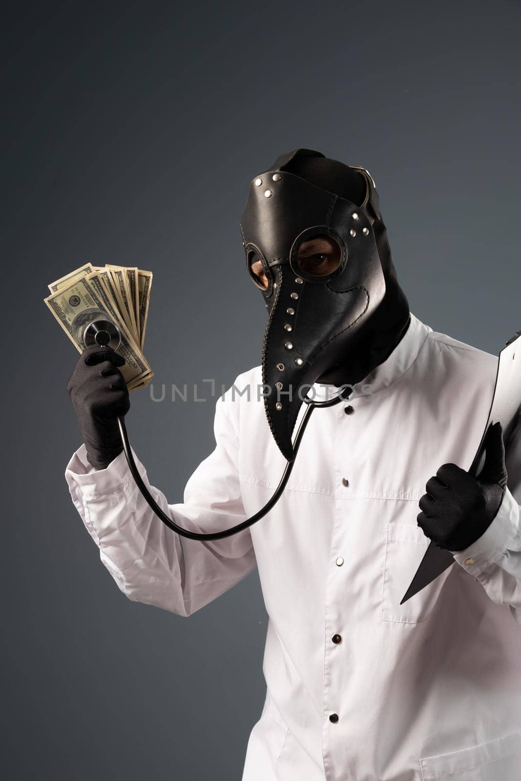 a corrupt doctor in a bathrobe and a plague doctor mask with a wad of money in his hands by Rotozey