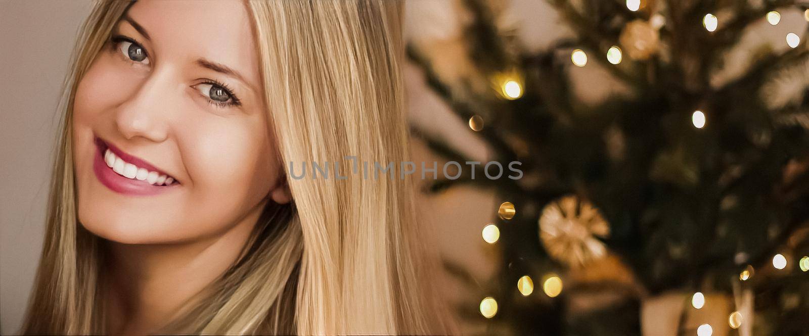 Christmas time and holiday mood concept. Happy smiling woman and decorated xmas tree lights on background.
