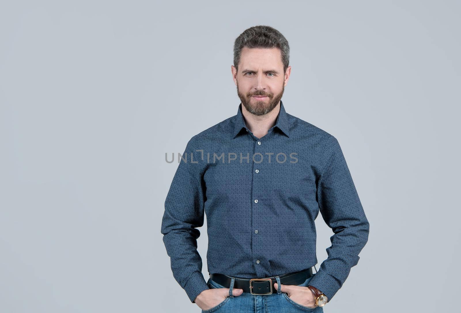 Clothes that you need in your wardrobe. Bearded man wear shirt with jeans. Casual style. Fashion mens wardrobe. Trendy menswear. Clothes that matter.