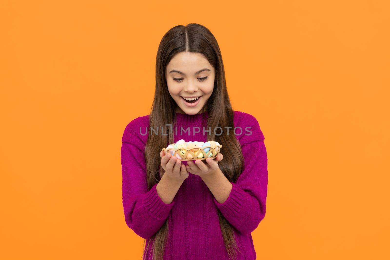 oh my god. happy easter. childhood happiness. child on egg hunt. time for fun. adorable kid showing painted eggs. easter spring holiday. happy teen girl holding quail eggs.