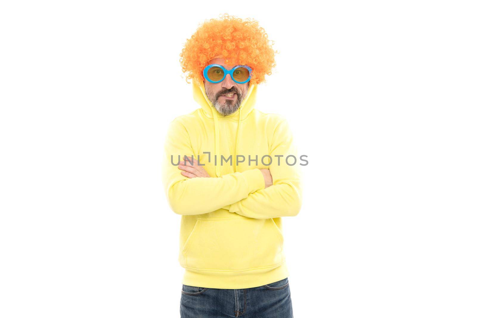 Funny man wear orange color wig with geeky look keep arms crossed, extravagant by RedFoxStudio