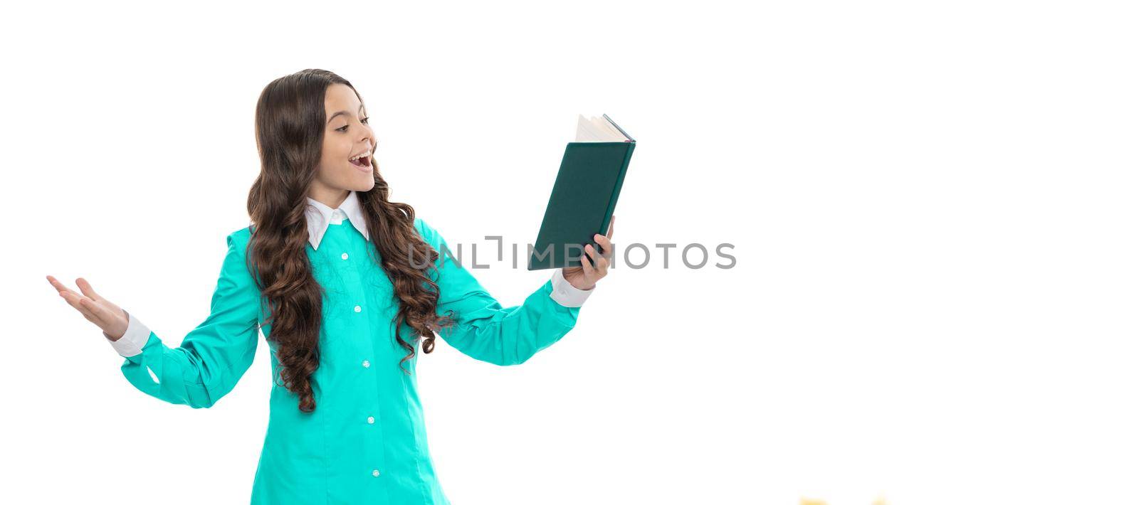 Happy kid read school book aloud with expression isolated on white, literature, copy space by RedFoxStudio