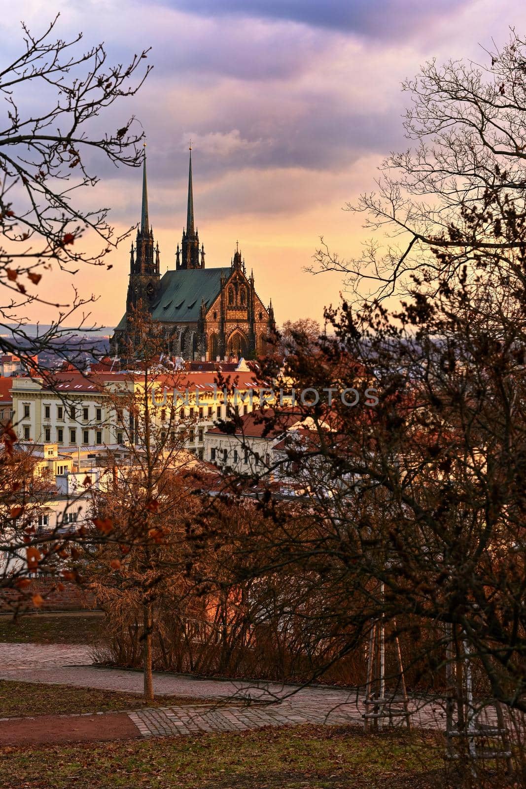 Brno city in the Czech Republic. Europe.Petrov - Cathedral of Saints Peter and Paul. Beautiful old architecture and a popular tourist destination. Landscape with snow in winter.