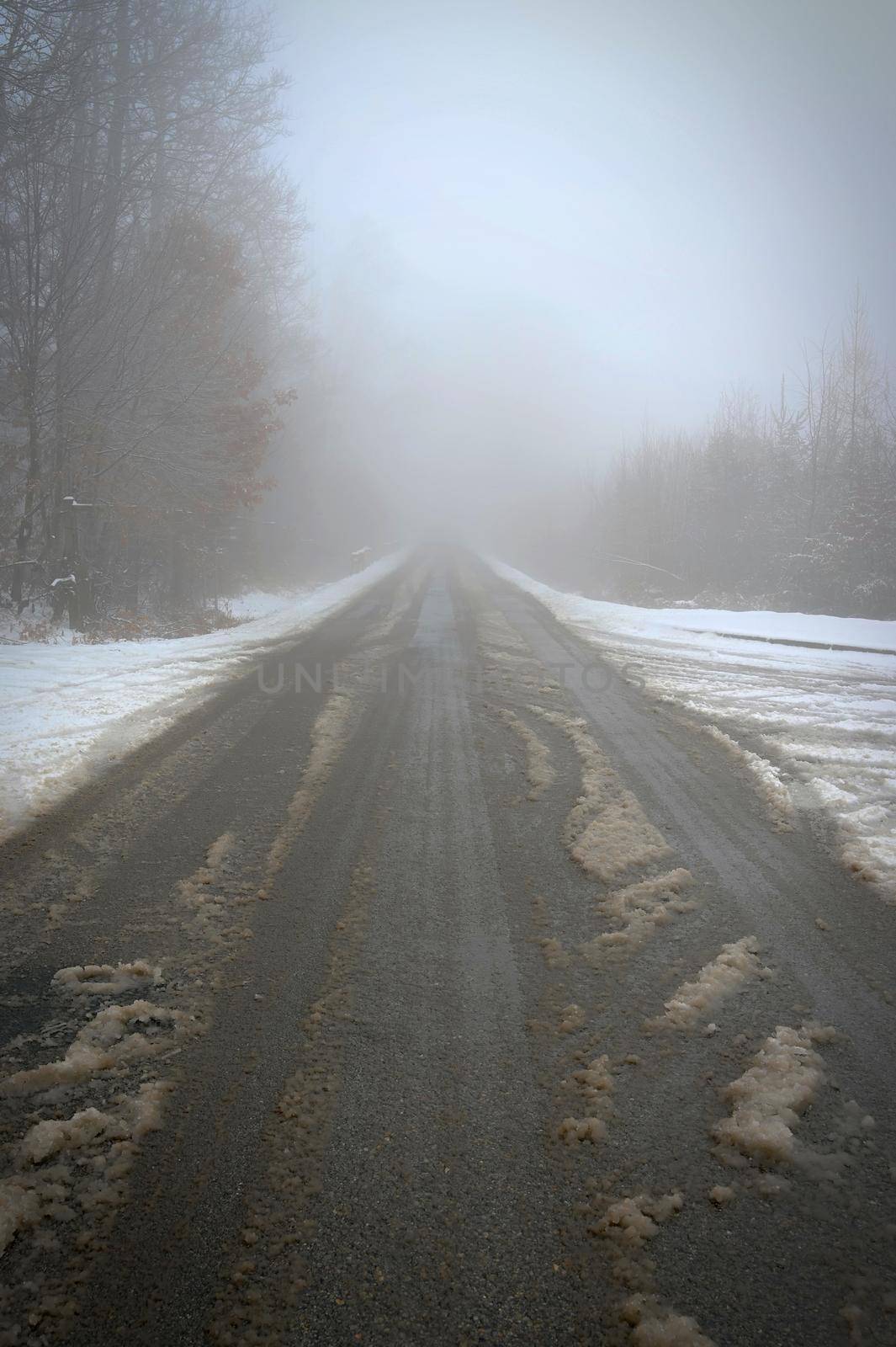 Bad weather driving - foggy hazy country road. Motorway - road traffic. Winter time and snow. by Montypeter