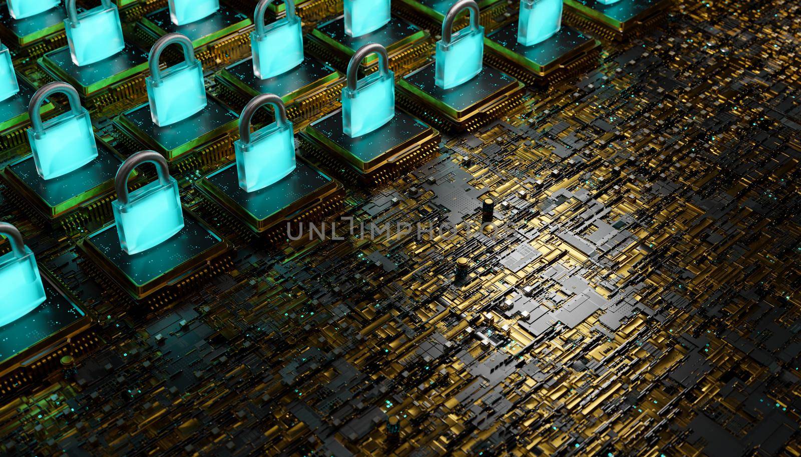 electronic board with microchips and luminous padlocks on top. blockchain concept, security, hacking, technology, crypto and nft. 3d rendering