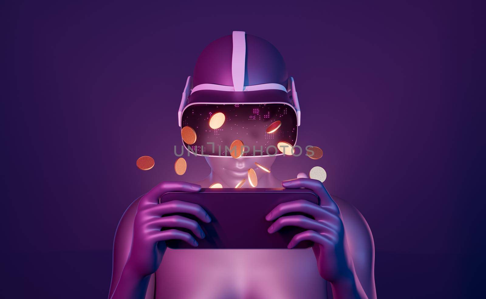closeup of a 3d girl playing with mobile phone with VR goggles and coins around. neon lights. futuristic concept of metaverse, play to earn, nft and cryptocurrencies. 3d rendering