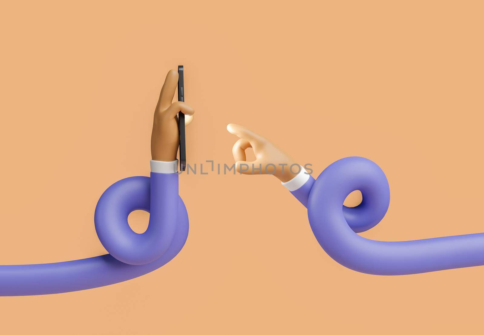 Tangled cartoon hands with a cell phone and pointing at it. 3d rendering