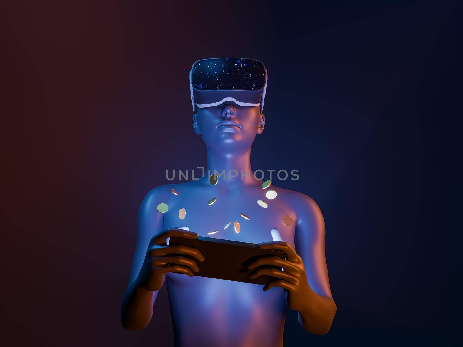 3d girl playing with mobile phone with coins around and VR goggles by asolano
