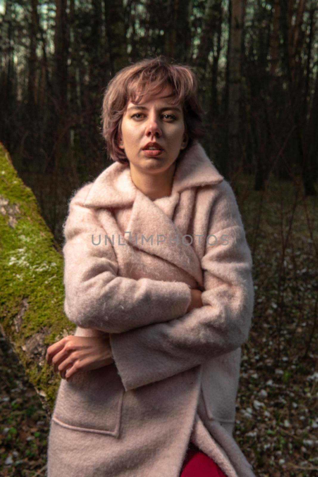 Girl walking vintage forest light, autumn dark background country, beauty landscape. Fairytale magic white, women jacket