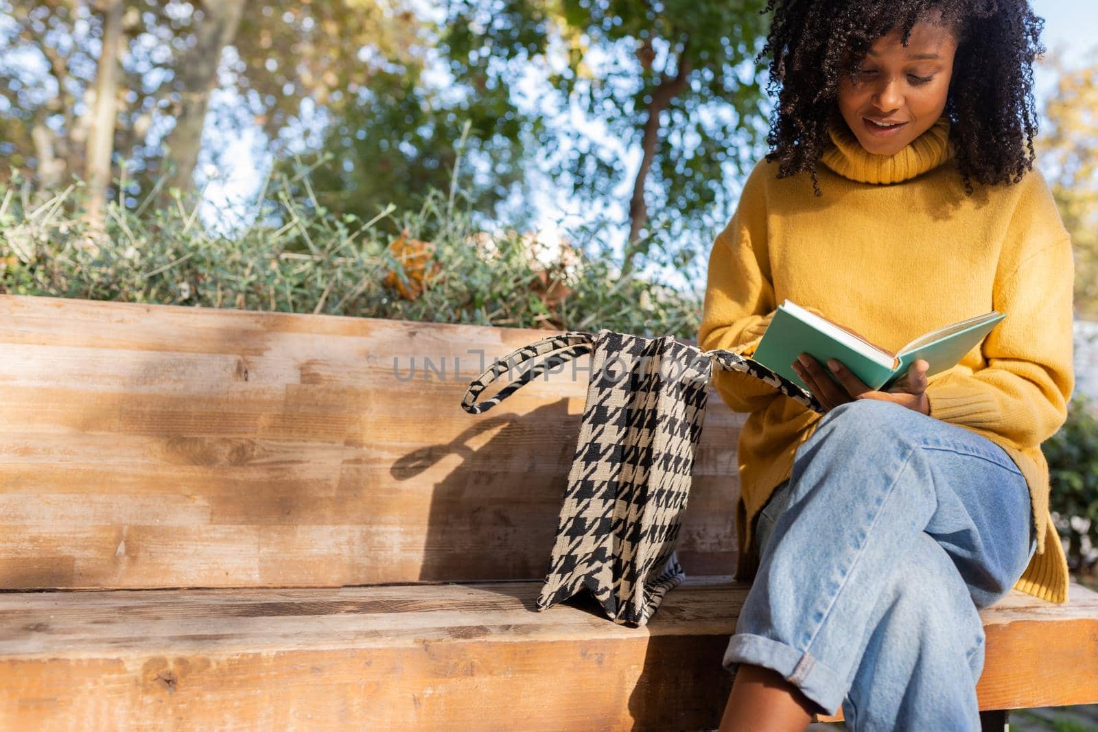 Young African American woman reading a book sitting on park bench. Copy space. Lifestyle concept.
