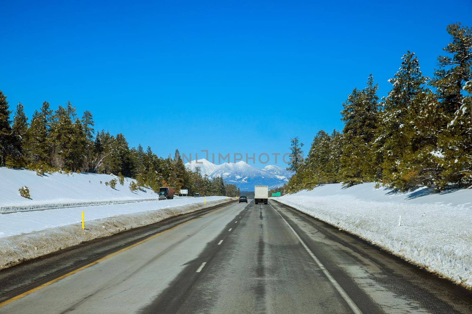 Winter scenery of national park, in the trees along road Arizona, USA