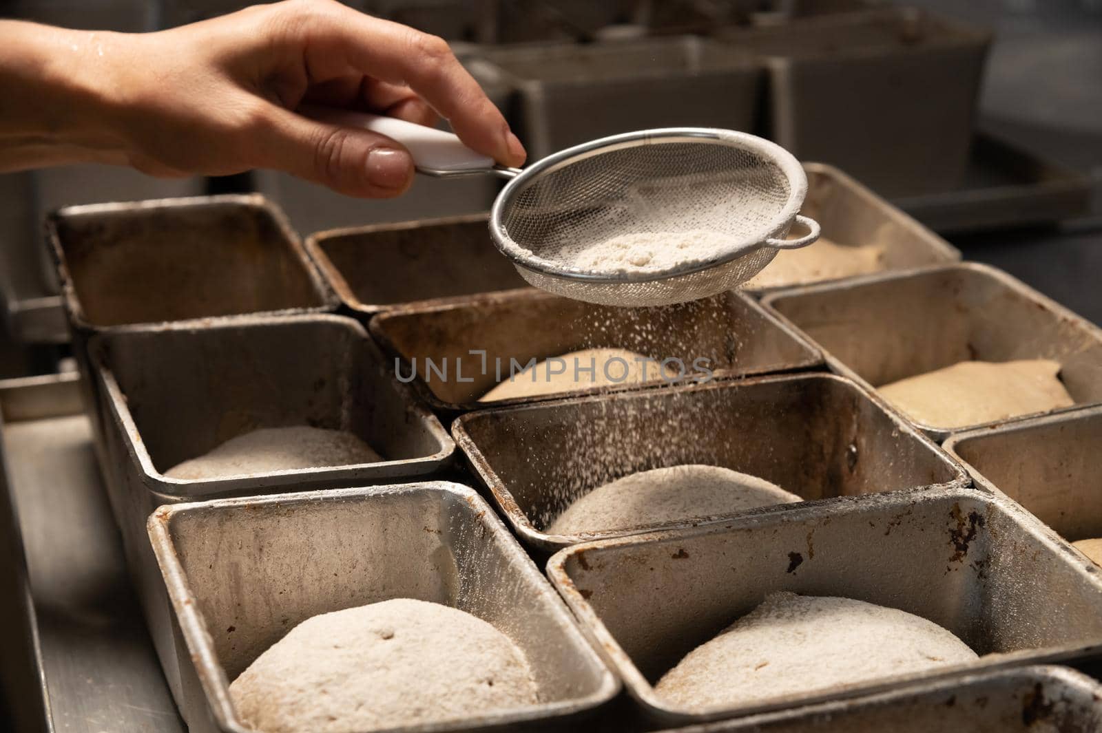 Close-up of female hands sprinkling a piece of raw dough in a baking form with flour. Prepare the dough before baking the bread. Craft bakery.