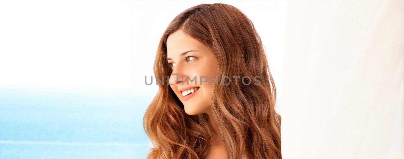 Beauty, wellness and summer portrait. Beautiful young woman with long dark hair, happy brunette smiling, blue sea on background by Anneleven