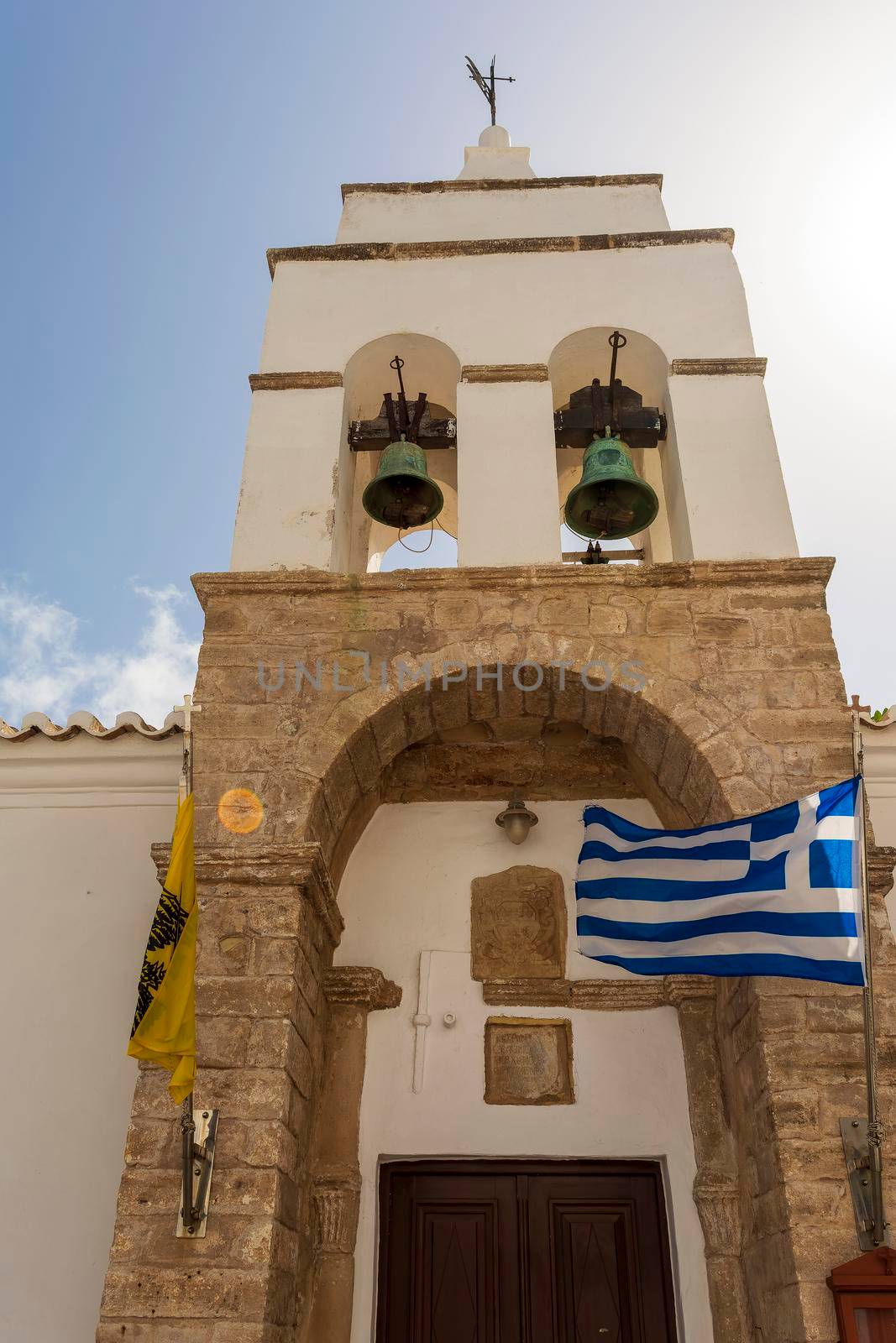 Greek Orthodox church with stone bell tower in the historic traditional settlement of Chora, the capital of Kythira island in Greece.