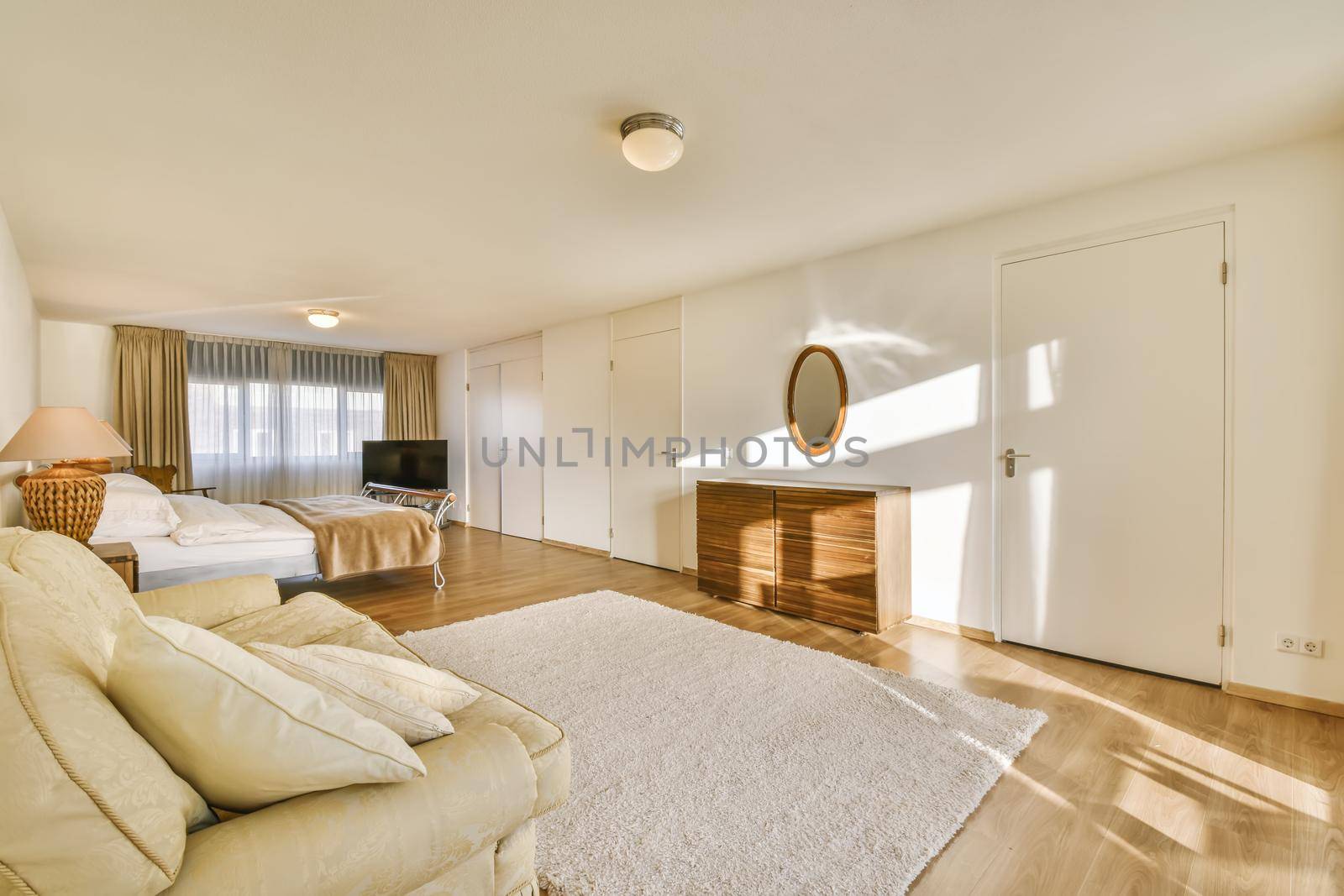 Interior of a cozy and bright bedroom with beautiful decoration