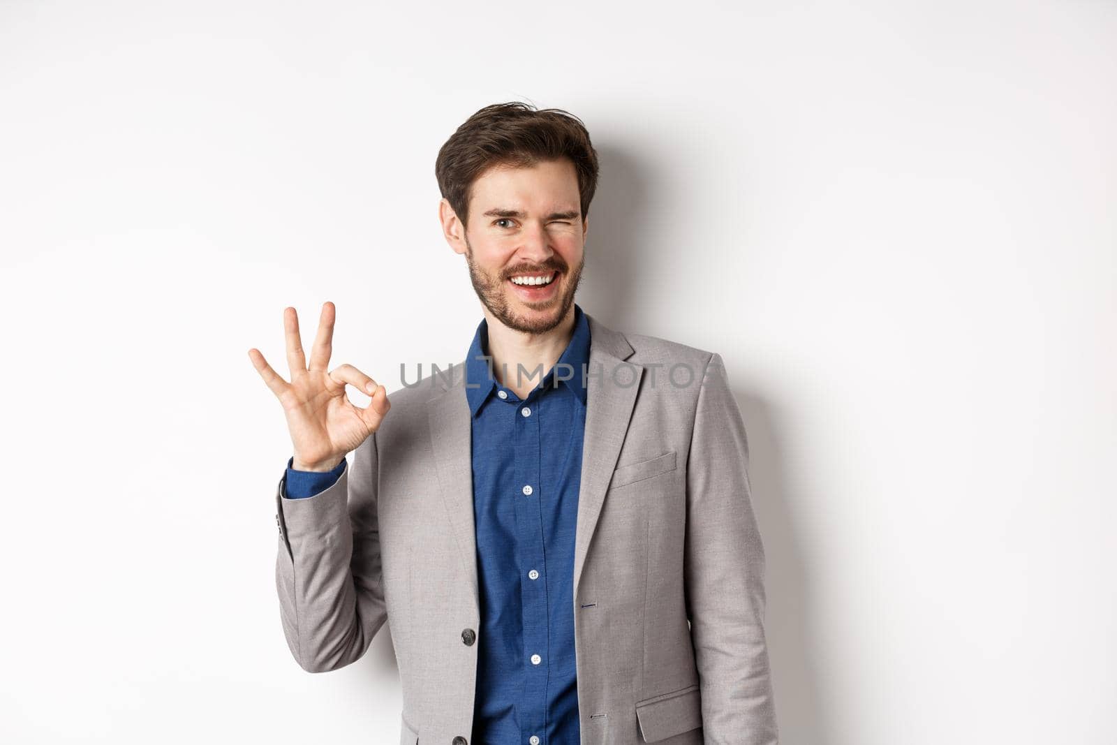 Everything okay. Cheerful businessman in suit winking and showing OK sign, smiling assertive, guarantee quality, praise good choice, standing on white background.