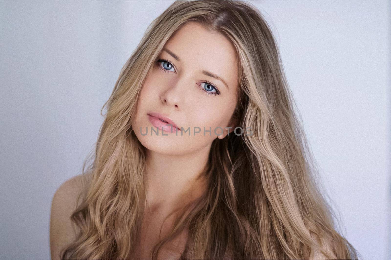 Beauty, hair care and natural makeup look. Beautiful woman with long blonde wavy curls hairstyle, flawless skin and organic cosmetic make-up, portrait with soft focus and retro film grain effect.