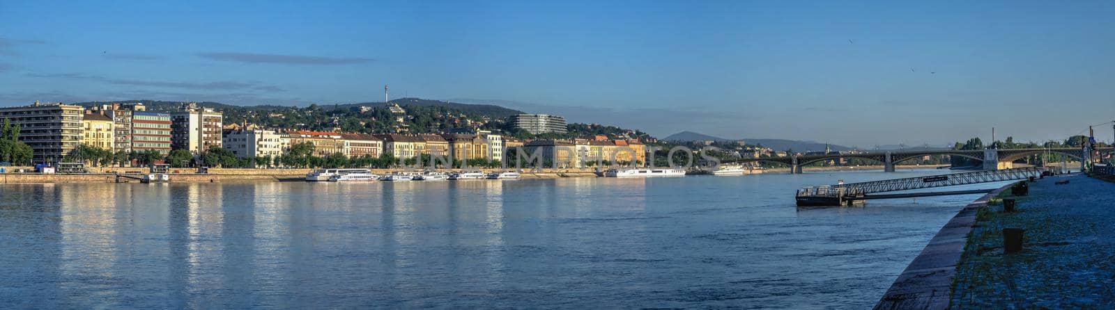 Budapest, Hungary 18.08.2021. Panoramic view of the Danube river and the embankment of Buda on a sunny summer morning