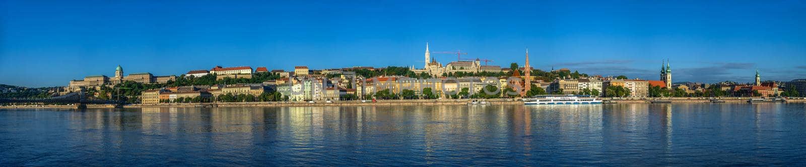 Budapest, Hungary 18.08.2021. Panoramic view of the Danube river and the embankment of Buda on a sunny summer morning