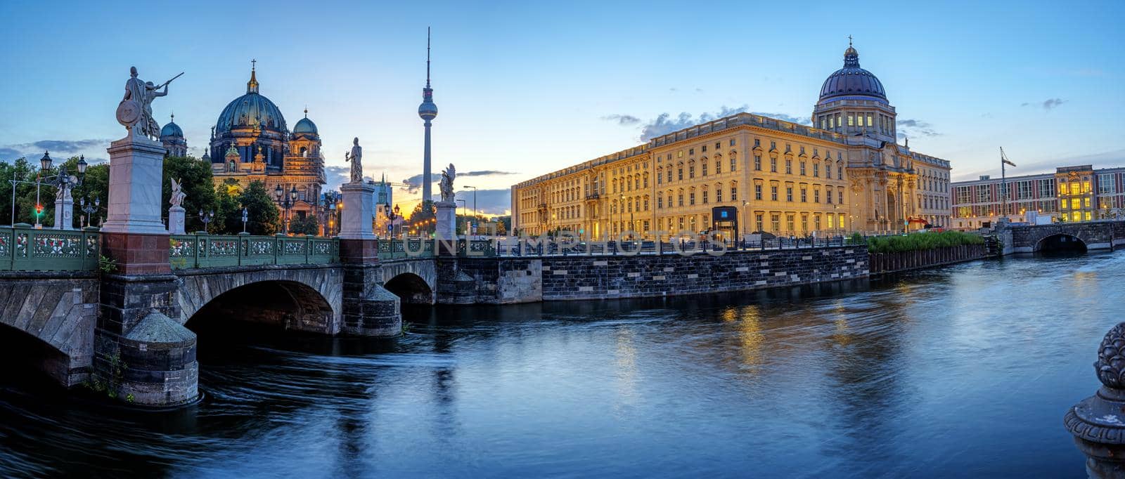 Panorama of the Berlin Cathedral, the TV Tower and the reconstructed City Palace before sunrise