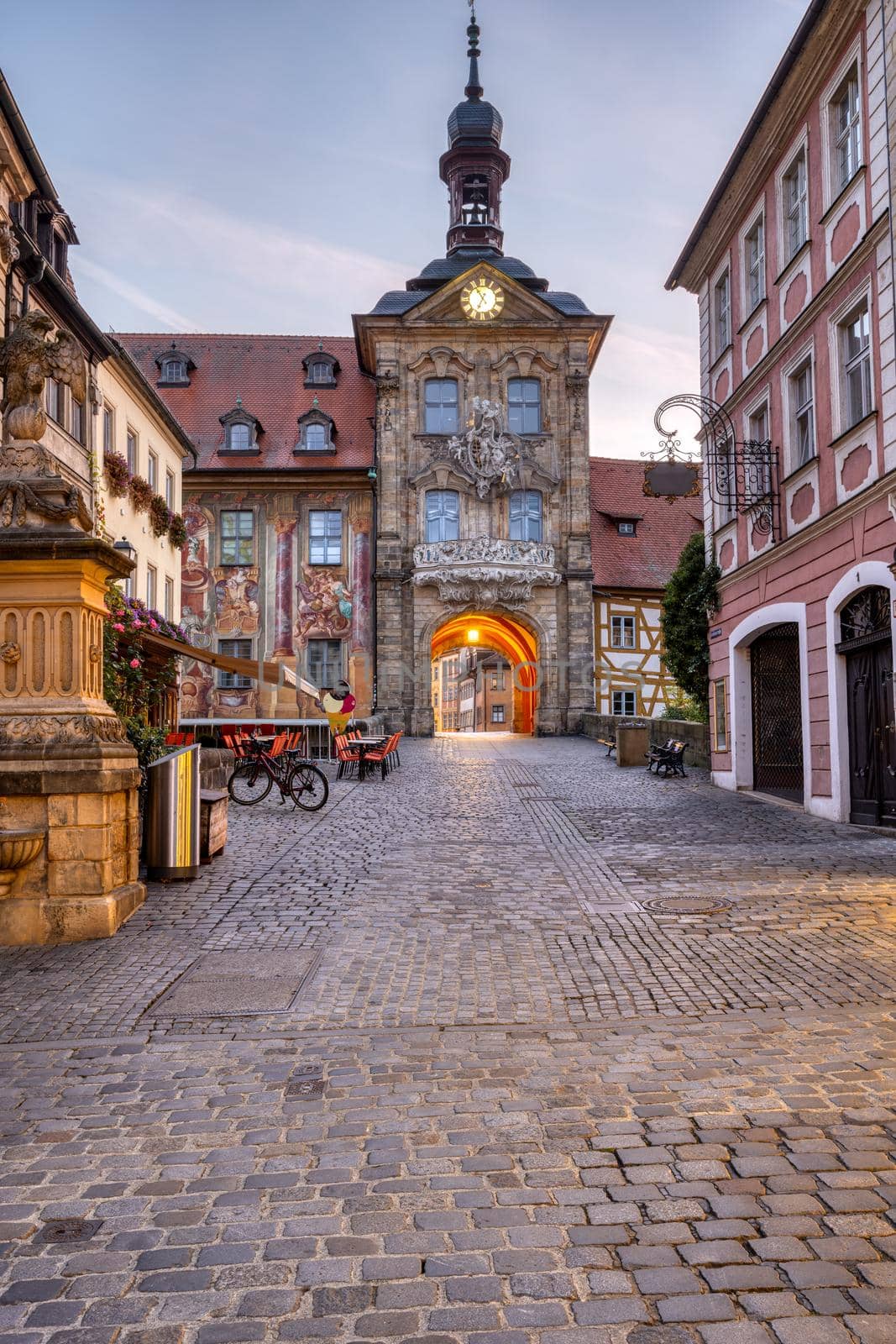 The old town of Bamberg in Bavaria with the famous historic town hall at dawn