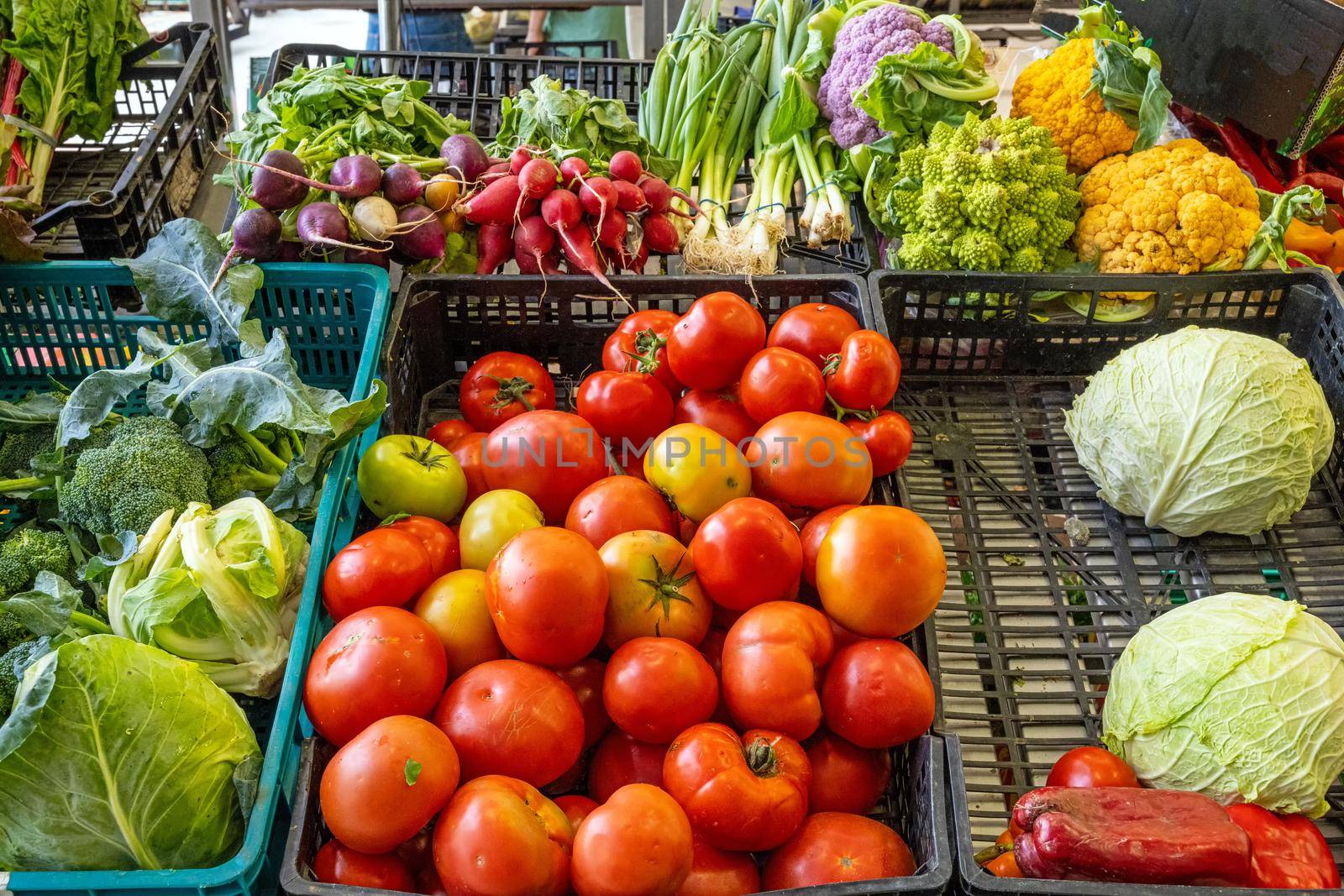 Tomatoes and other vegetables for sale at a market