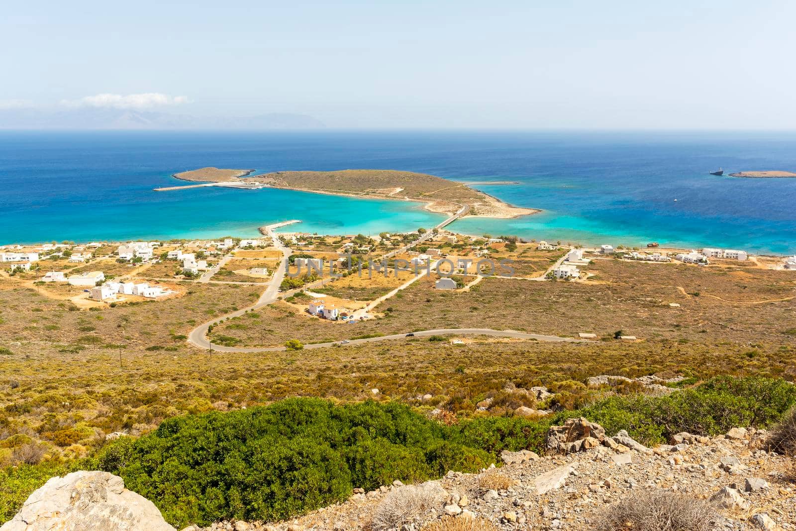 Diakofti port at the Greek island of Kythira. The shipwreck of the Russian boat Norland is in a distance.