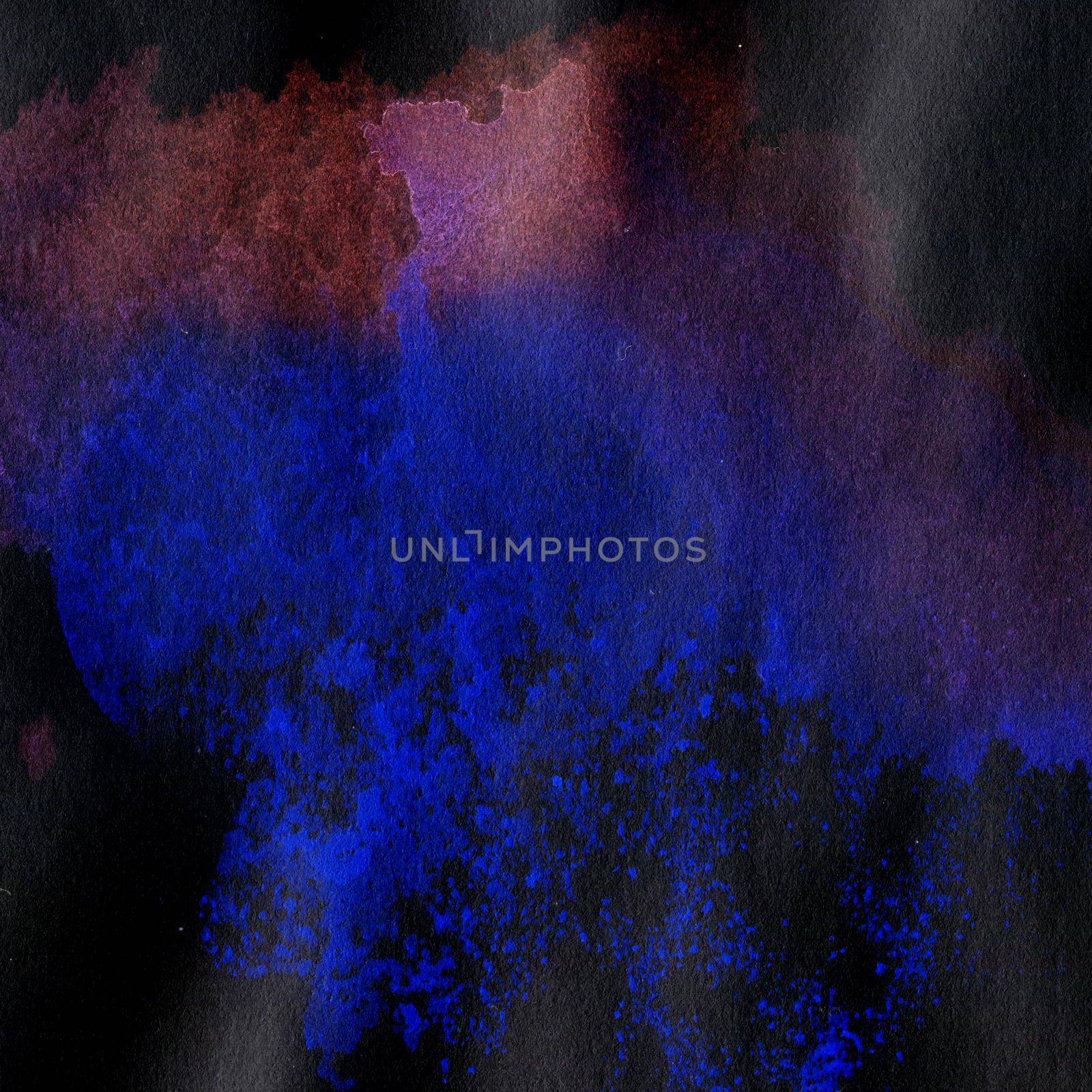 Hand Drawn Bright Background with Watercolor Colored Splashes. Red and Blue Splashes on Black Background.
