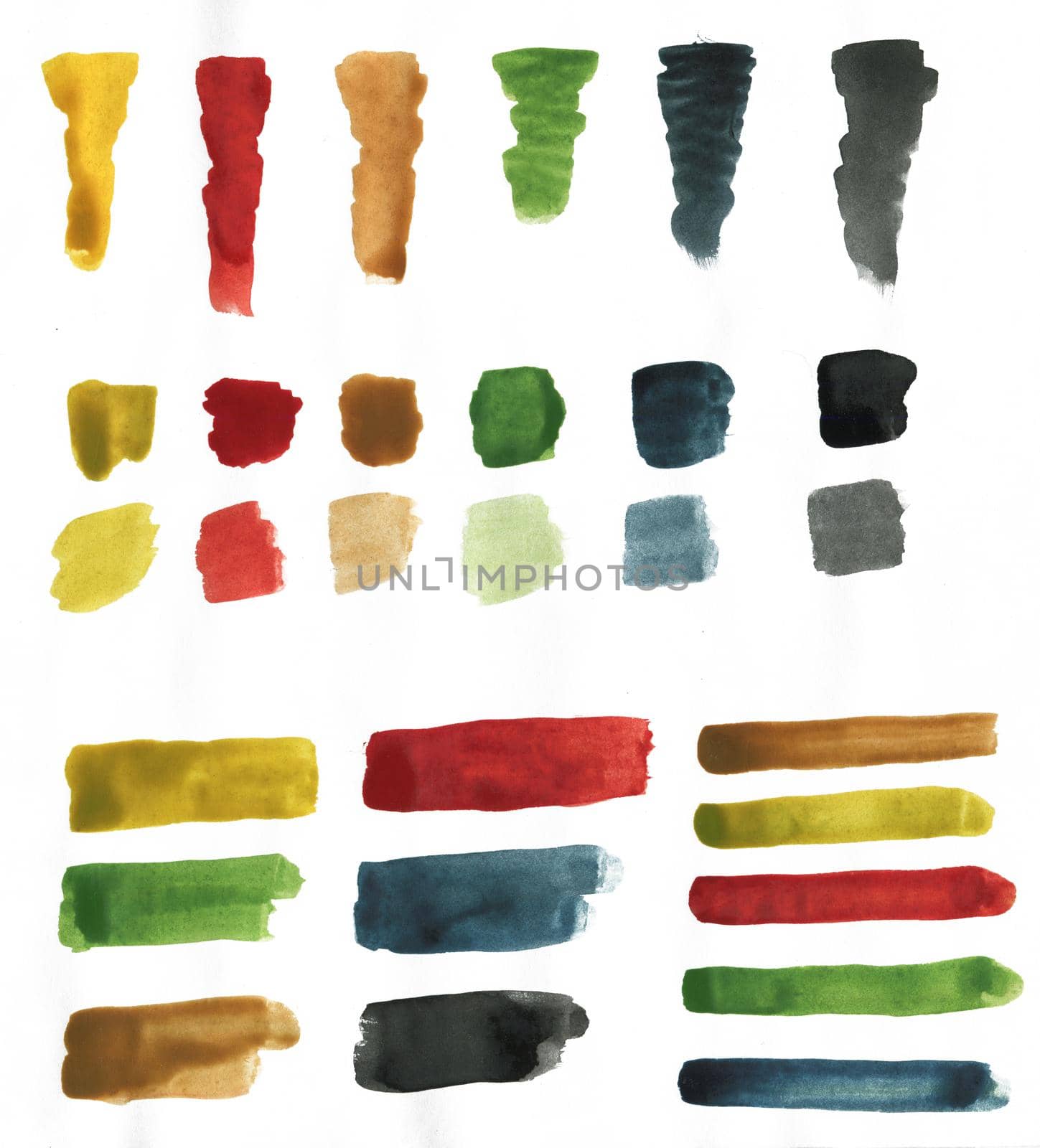 Illustration of Set of Brush Strokes and Stains of Multicolored Watercolor of Various Sizes and Shapes on White Background.