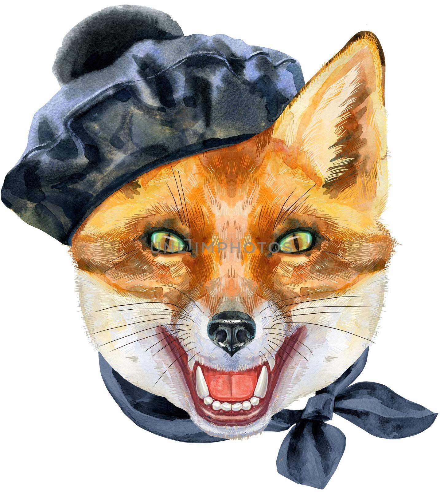 Fox portrait in black beret in pom-pom. Watercolor orange fox painting illustration. Beautiful wildlife world