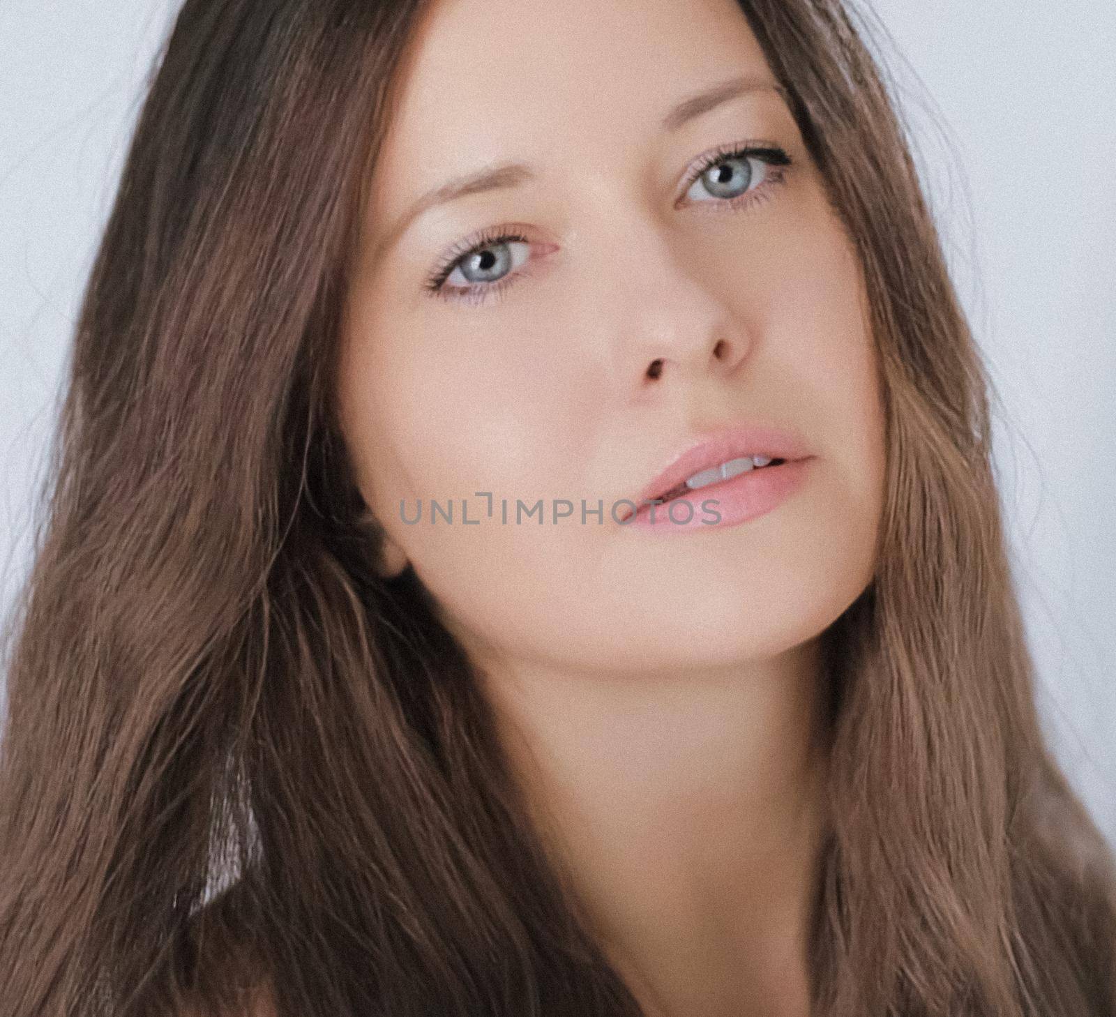 Beauty, hair care and natural makeup look. Beautiful woman with long hairstyle, flawless skin and organic cosmetic make-up, portrait with soft focus and retro film grain effect.