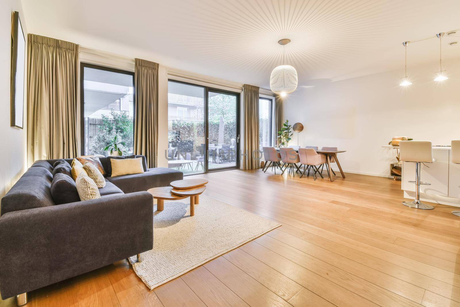 Superb living room with large dark sofa and beige rug