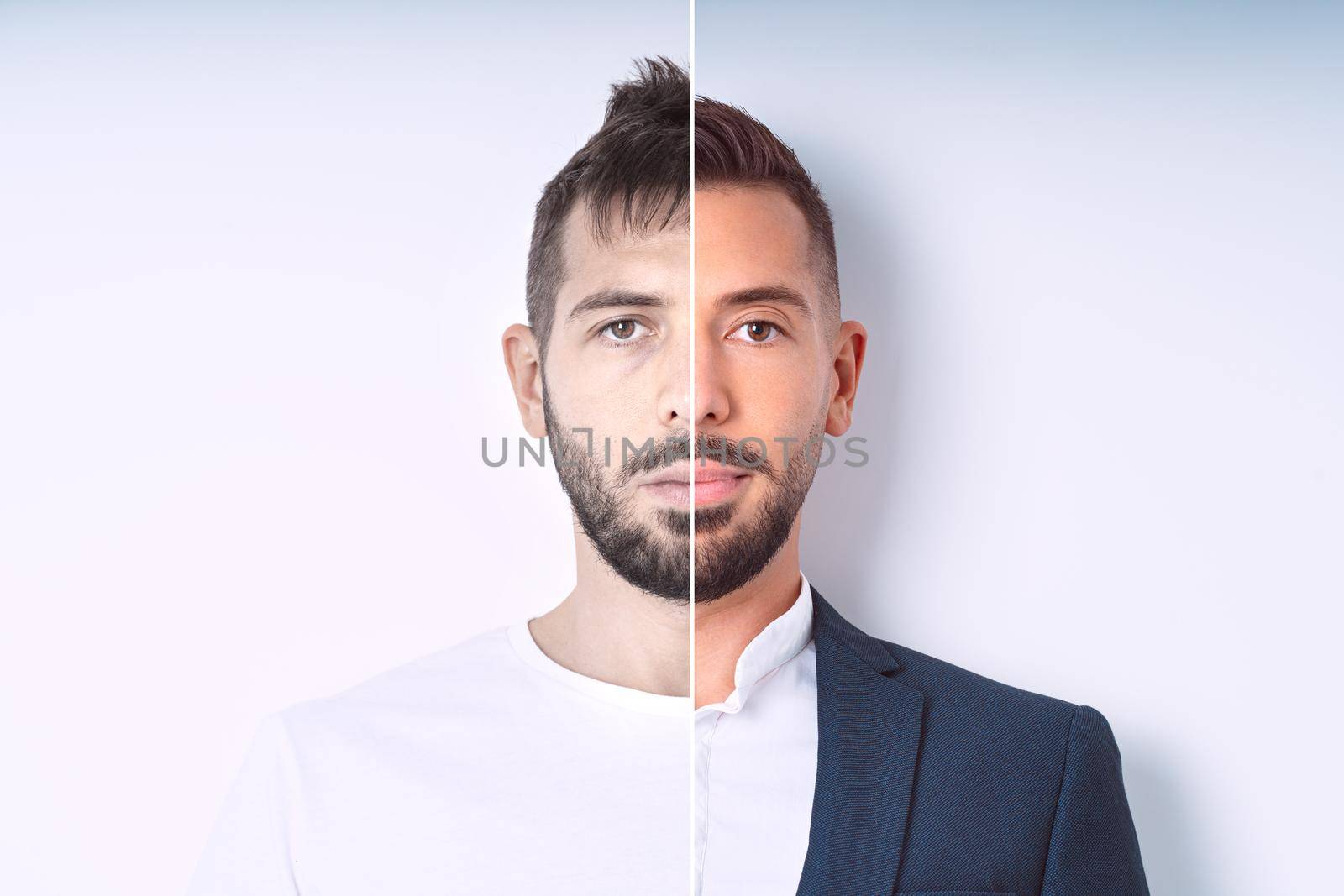 Young man before and after visiting barbershop. New haircut or hairstyle. Male beauty transformation by DariaKulkova