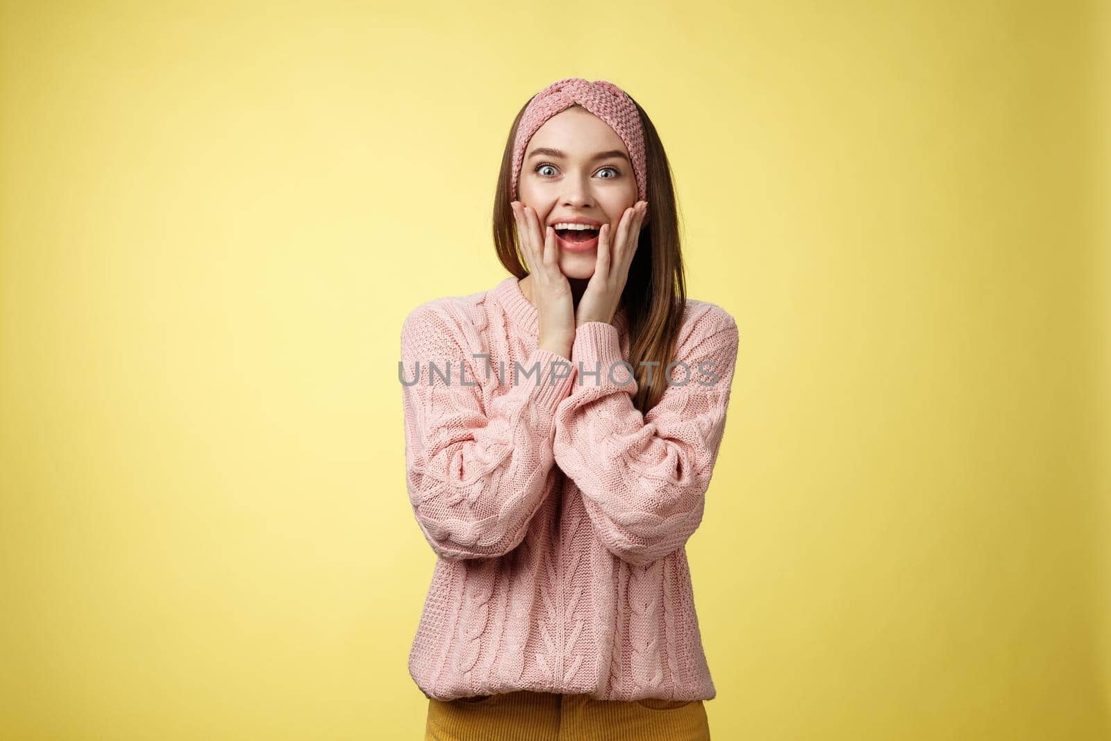 No way, amazing. Ecstatic amazed and amused surprised happy positive glamour young european girl in sweater dropping jaw over fantastic great super news holding palms on cheeks astonished. Copy space