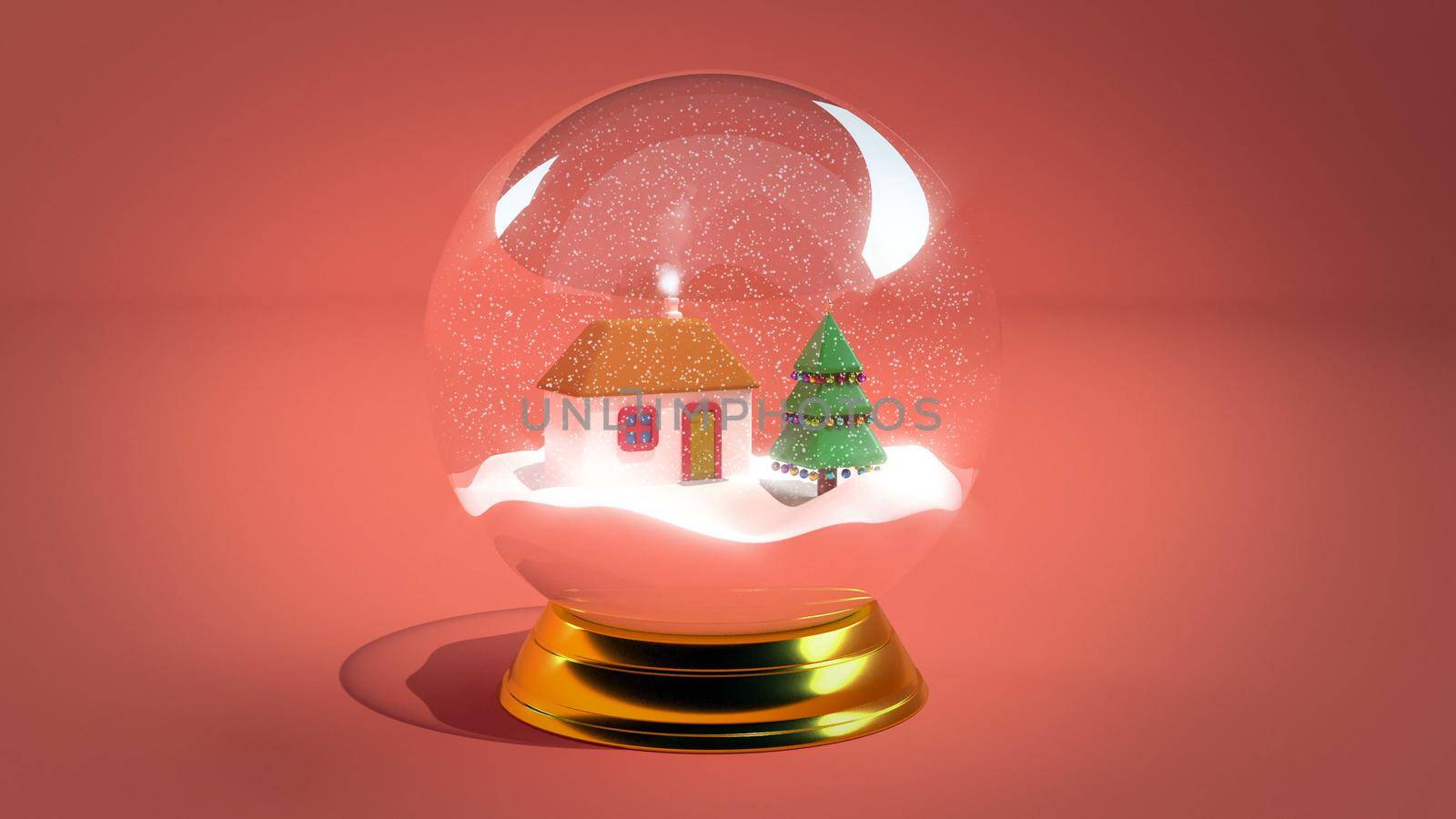 Glass ball with a house and pine trees Holiday christmas tree and new year 3d render