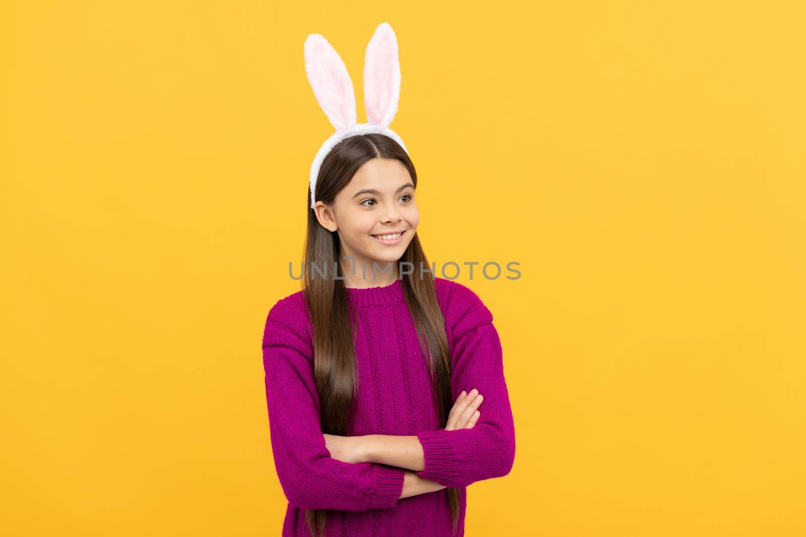 happy teen kid in bunny ears, easter bunny hunt.