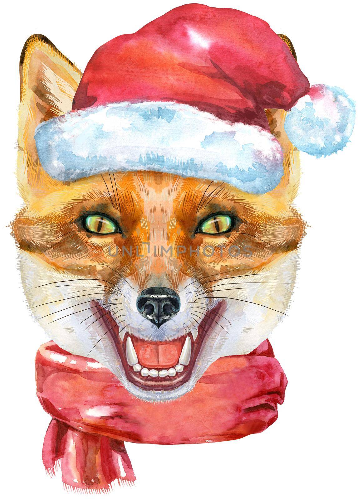 Fox portrait in Santa hat and red scarf. Watercolor orange fox painting illustration. Beautiful wildlife world