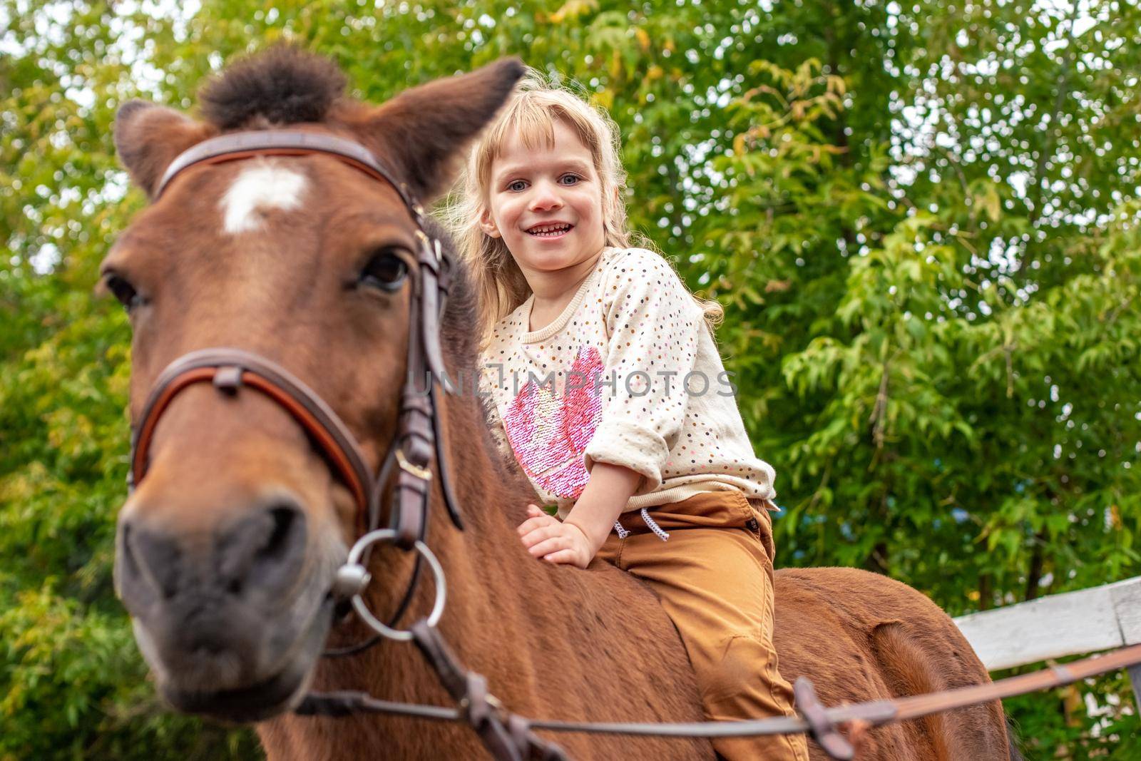 portrait of laugh happy little girl riding a horse bareback