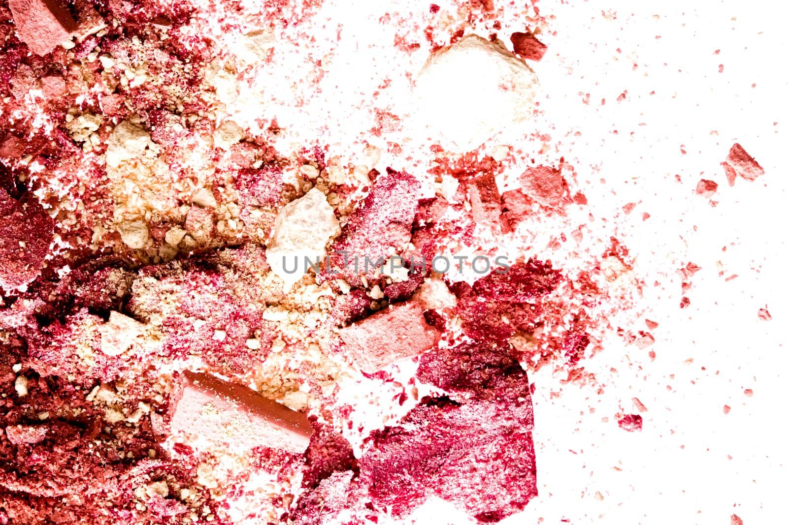 Powder cosmetics, mineral organic eyeshadow, blush or crushed cosmetic product isolated on white background, makeup and beauty banner, flatlay design by Anneleven