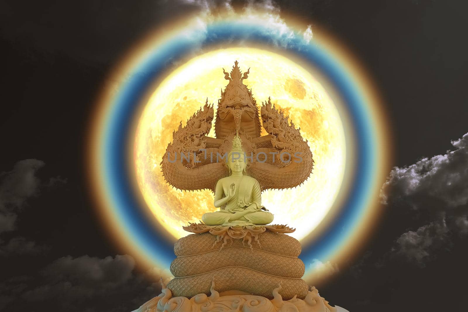 Moon corona light and Buddha sitting on  seven head of king naga on the night sky, Elements of this image furnished by NASA
