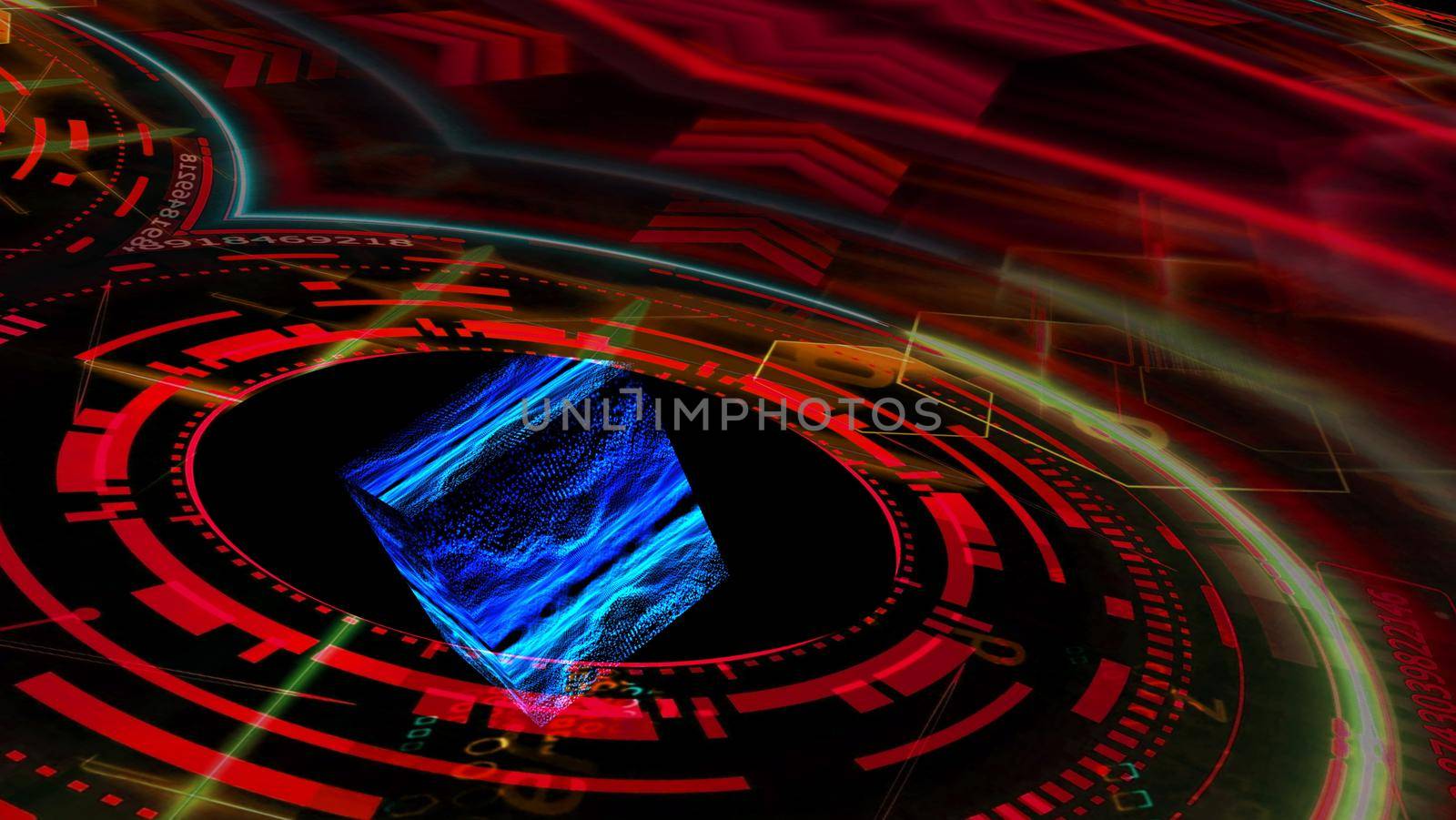 Quantum futuristic technology computer with digital cube reflection abstract dark waveform dot spot light oscillation