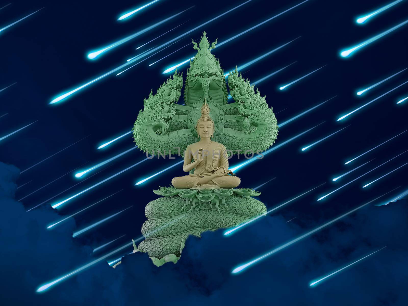 Buddha protected by hood of mythical king naga and meteor rain  night sky by Darkfox
