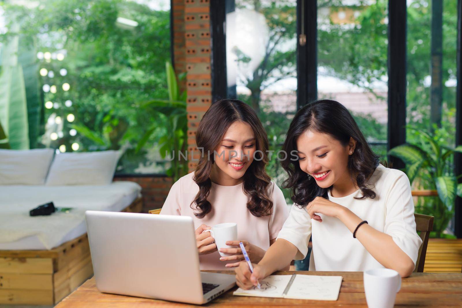 Two multiracial young female friends surfing the internet together on a laptop as they sit in a cafeteria enjoying a cup of coffee