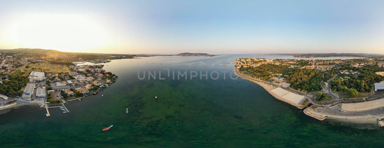Aerial view of the Thau lagoon from Balaruc, Occitanie, France by Frederic