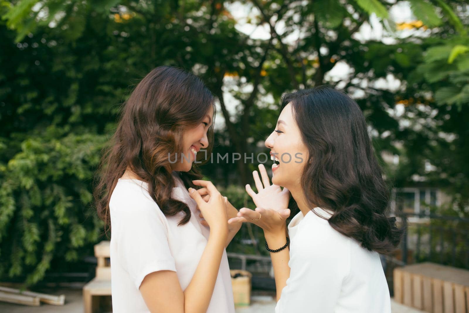 Beauties in style. Two beautiful young well-dressed women smiling at camera while standing embracing outdoors