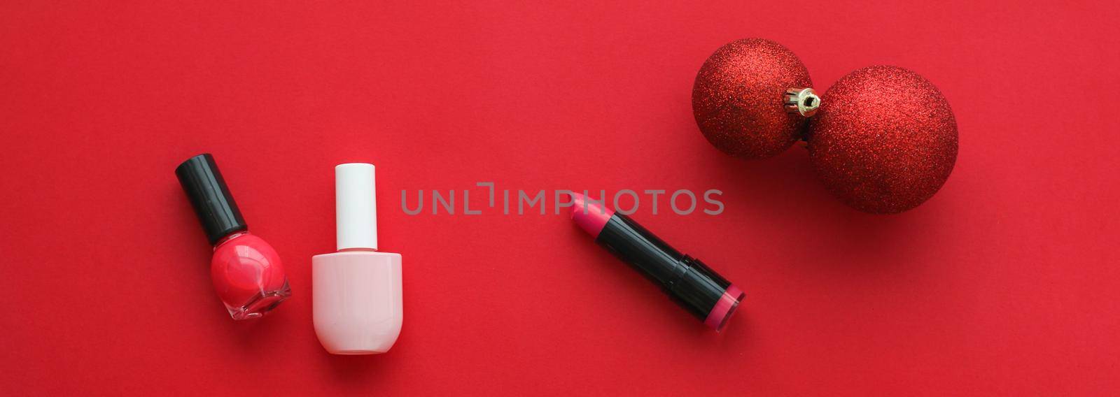 Make-up and cosmetics product set for beauty brand Christmas sale promotion, luxury red flatlay background as holiday design by Anneleven