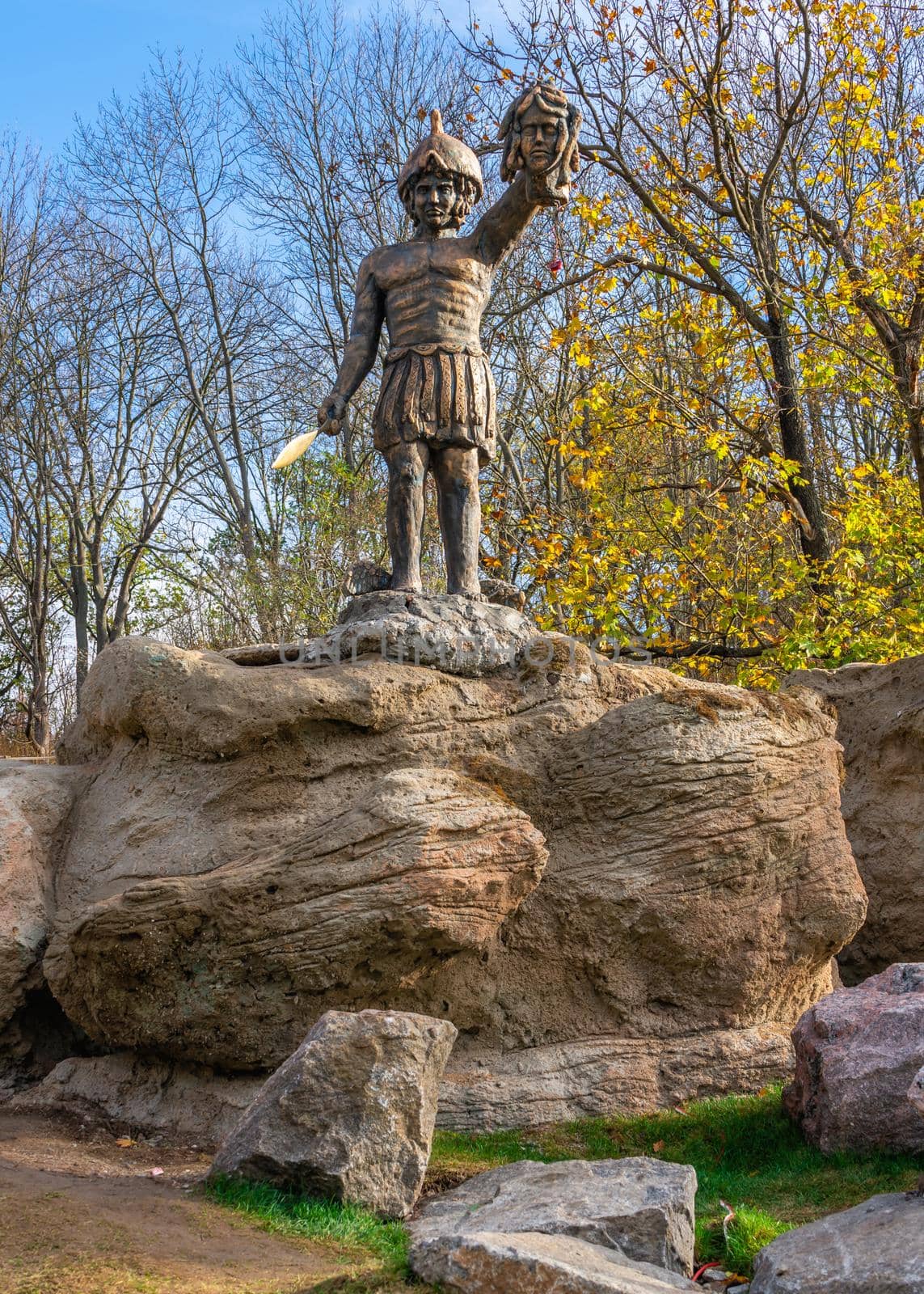 Uman, Ukraine 07.11.2020. Park sculpture in the Sofievsky arboretum or Sofiyivsky Park on a sunny autumn day