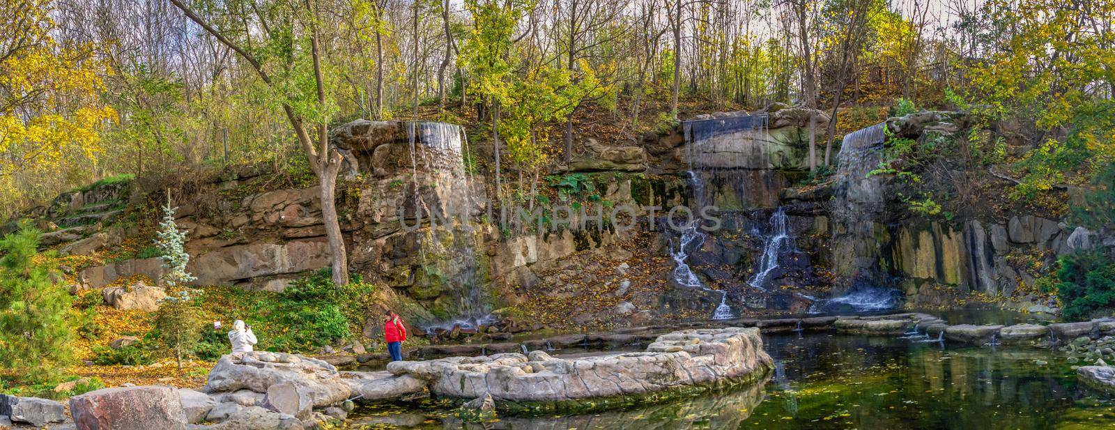 Waterfall in the Sofievsky arboretum or Sofiyivsky Park in Uman, Ukraine, on a sunny autumn day