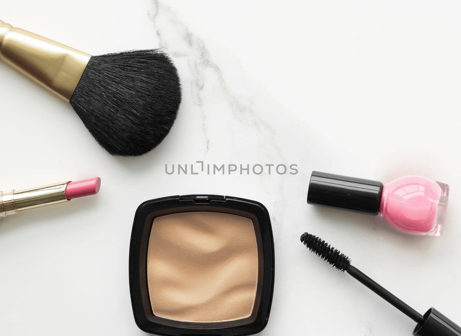 Make-up and cosmetics products on marble, flatlay background - modern feminine lifestyle, beauty blog and fashion inspiration concept