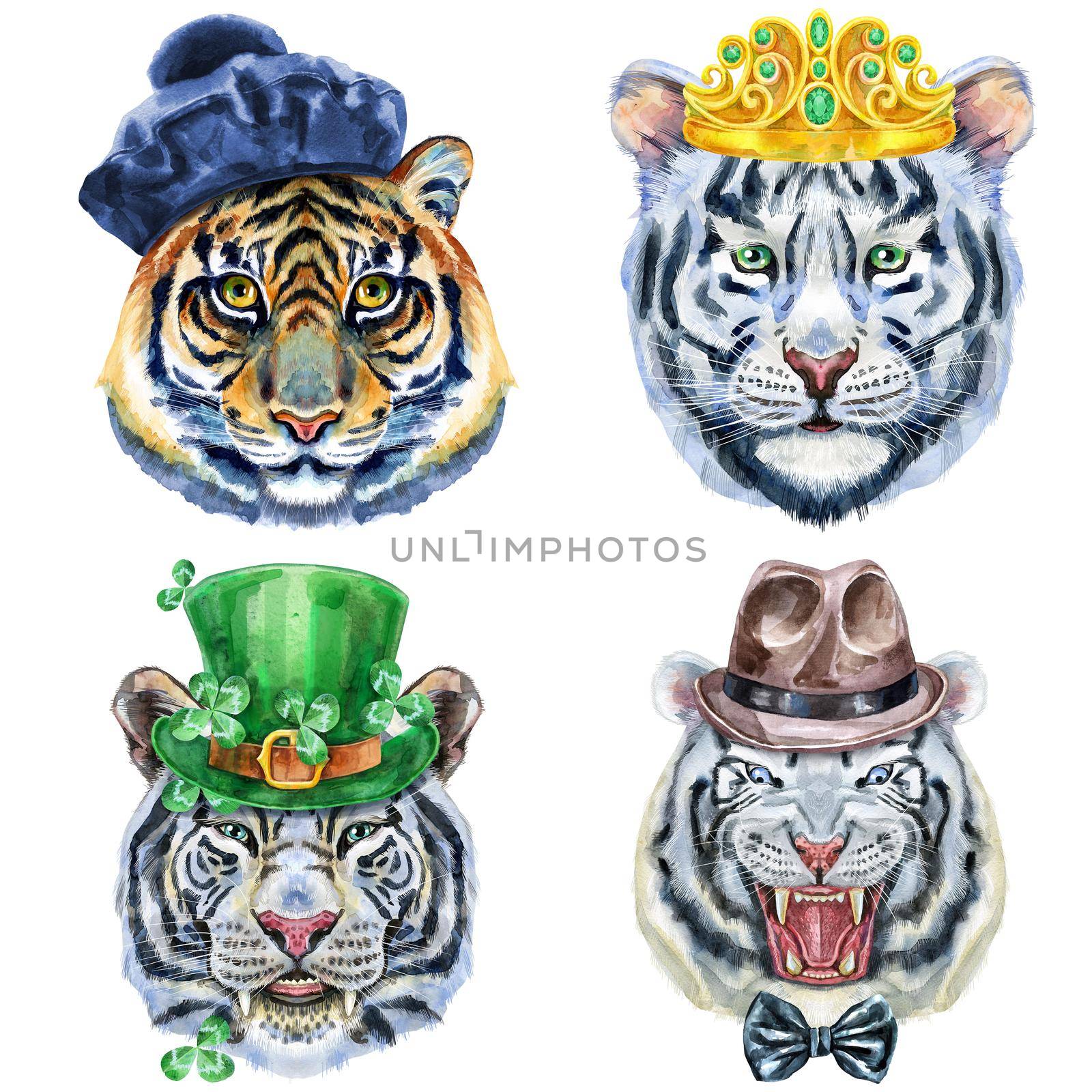 Watercolor illustration of tigers in beret, gold crown, Saint Patrick hat and brown hat